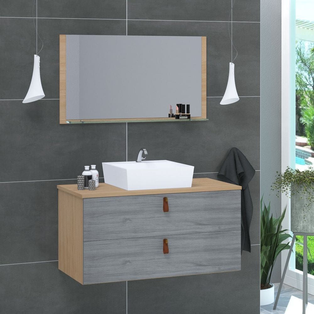 Conjunto Gabinete de Banheiro Berlim 80 Cm freijo rovere