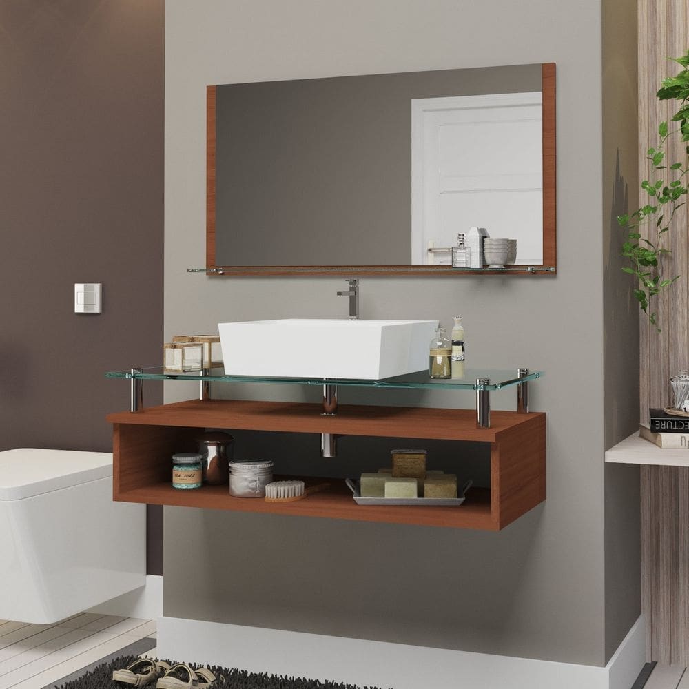 Conjunto Gabinete Banheiro 80cm com Tampo de Vidro Jade Marrom