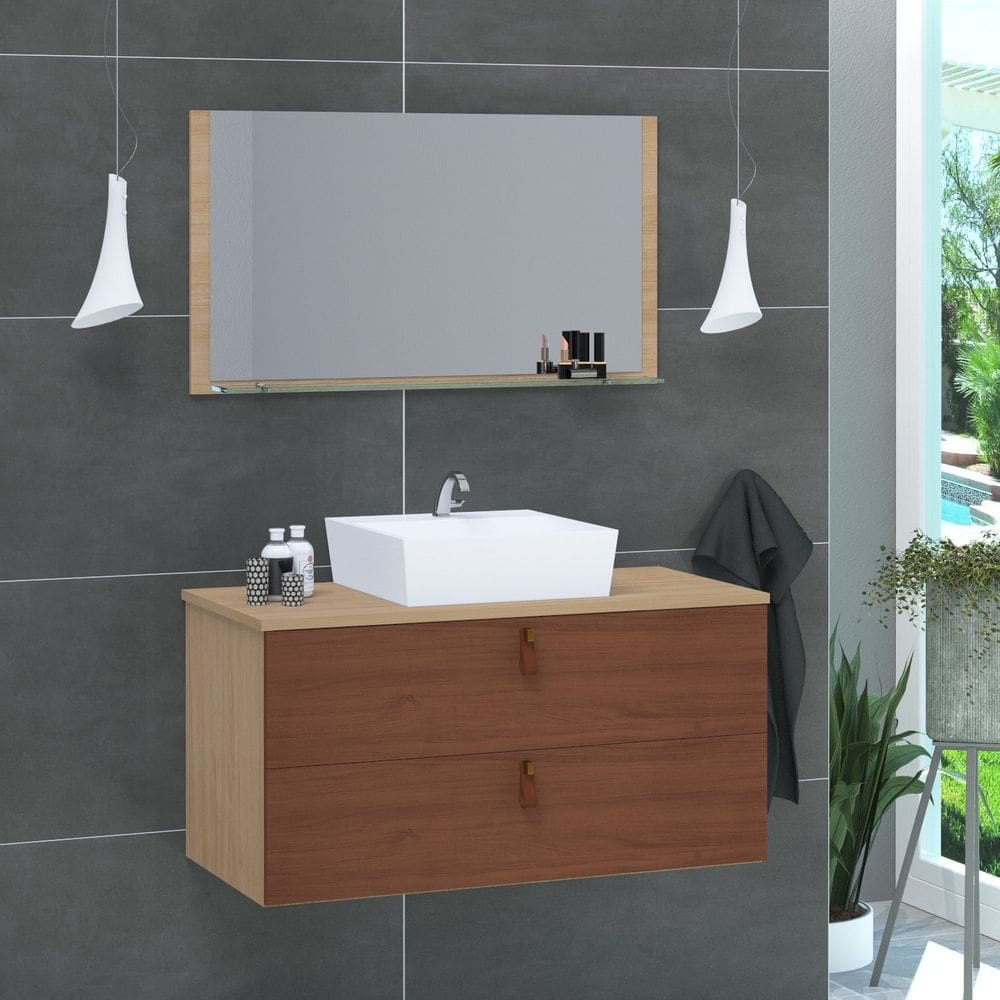 Conjunto Gabinete de Banheiro Berlim 60 Cm freijo marrom
