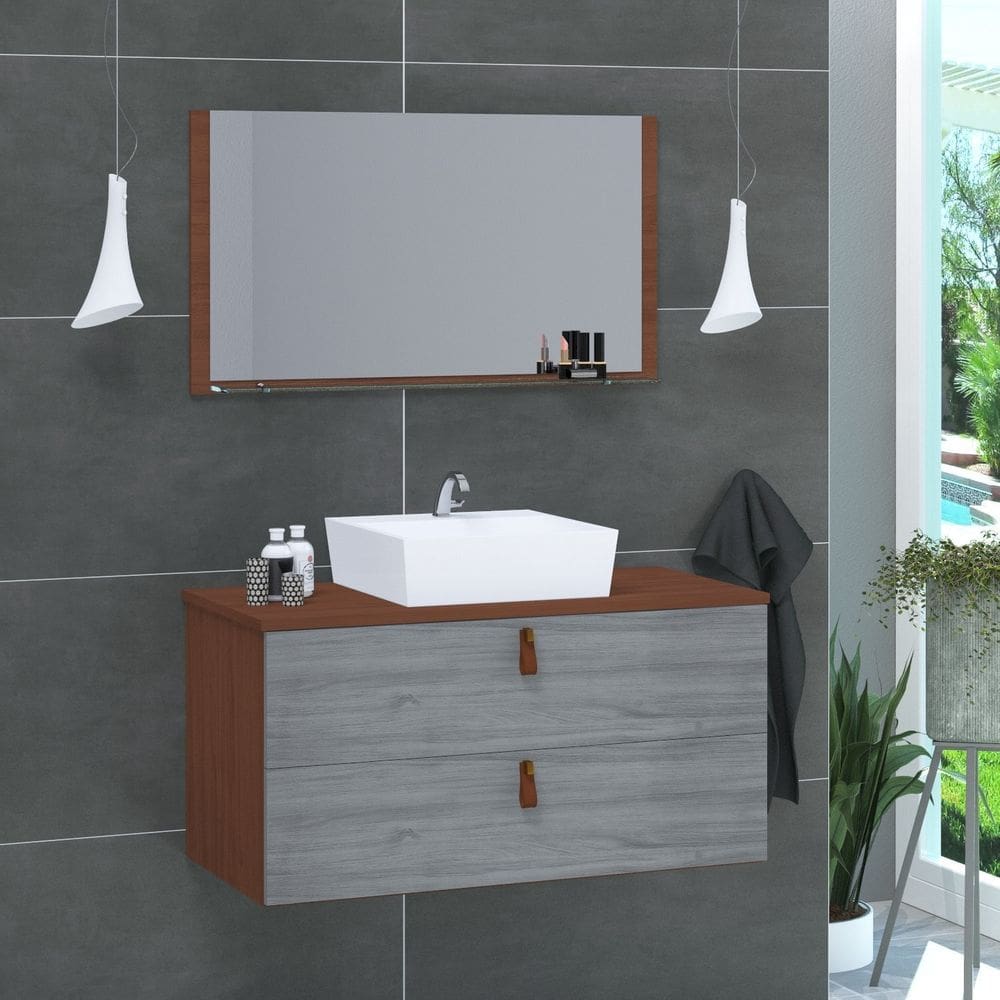 Conjunto Gabinete de Banheiro Berlim 80 Cm marrom rovere