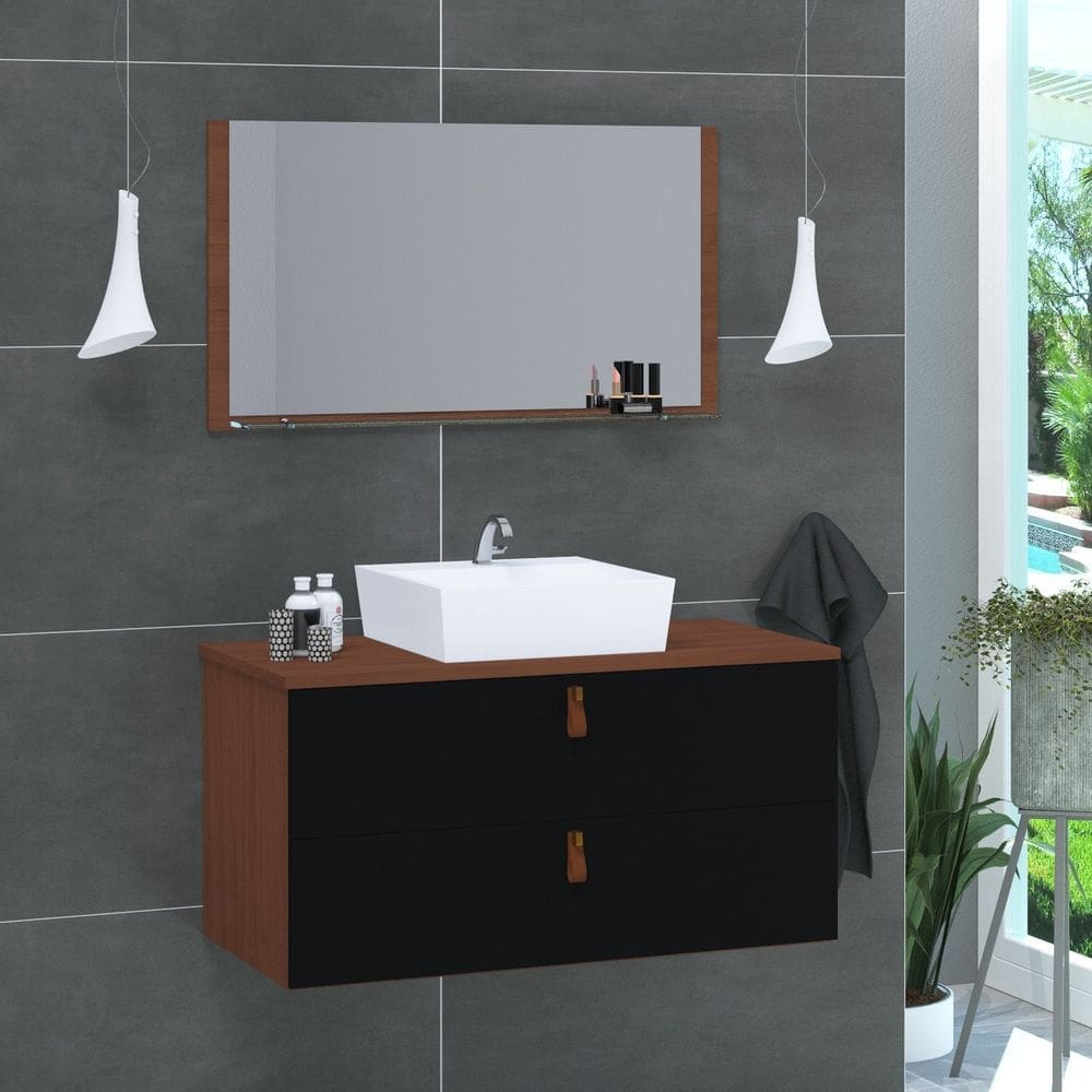 Conjunto Gabinete de Banheiro Berlim 80 Cm marrom preto