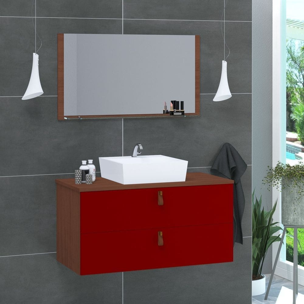 Conjunto Gabinete de Banheiro Berlim 60 Cm marrom vinho