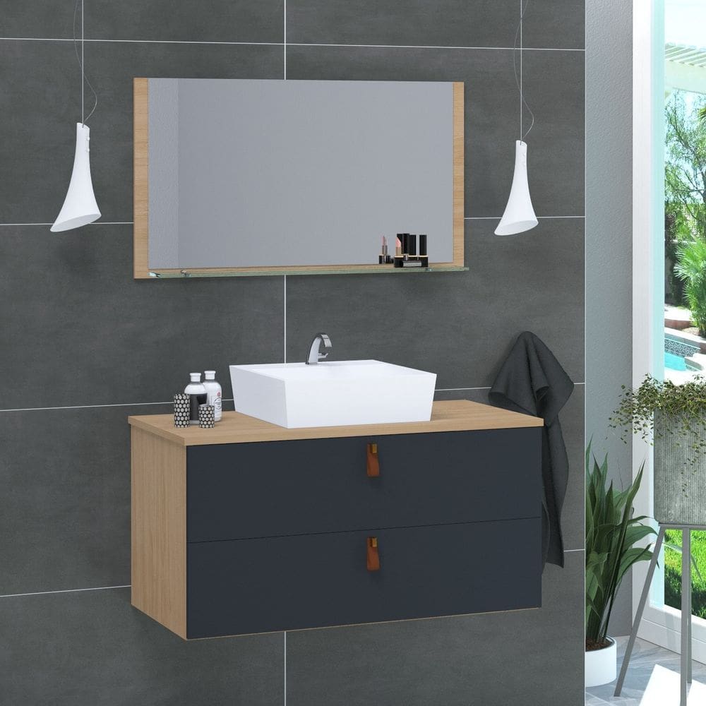 Conjunto Gabinete de Banheiro Berlim 60 Cm freijo titanium