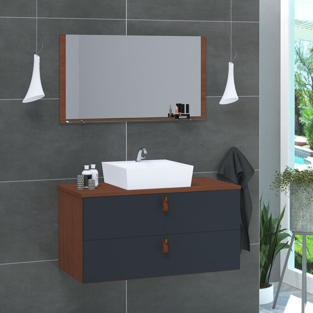 Conjunto Gabinete de Banheiro Berlim 60 Cm marrom titanium