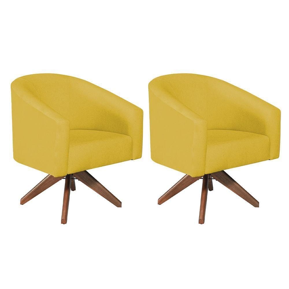 Kit 02 Poltronas Luiza Base Giratória De Madeira Suede Amarelo