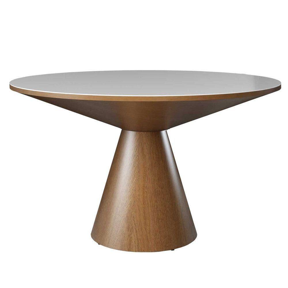 Mesa De Jantar Madri Cone Chanfrada Redonda Nozes 1.40 Cm Vidro Branco