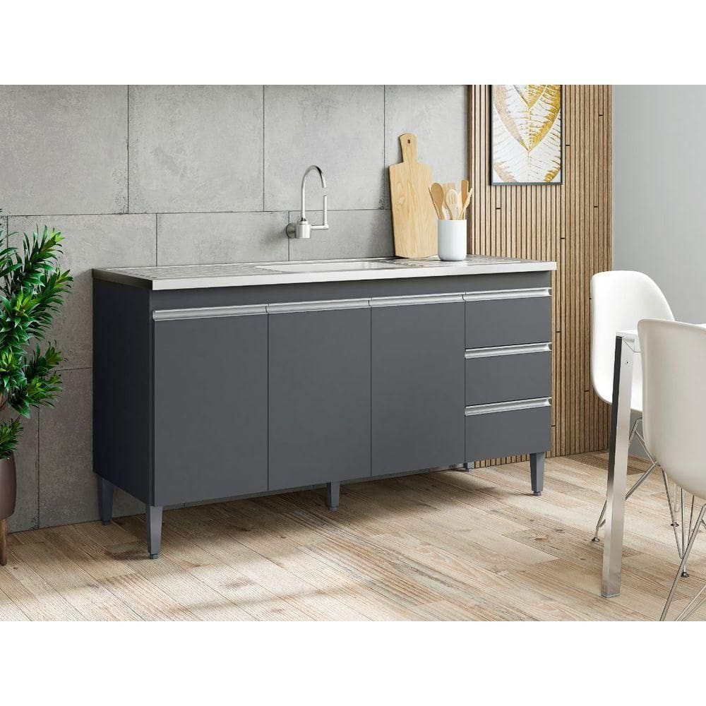 Balcão Gabinete Para Cozinha Andréia Com 160 Cm Cinza Fosco