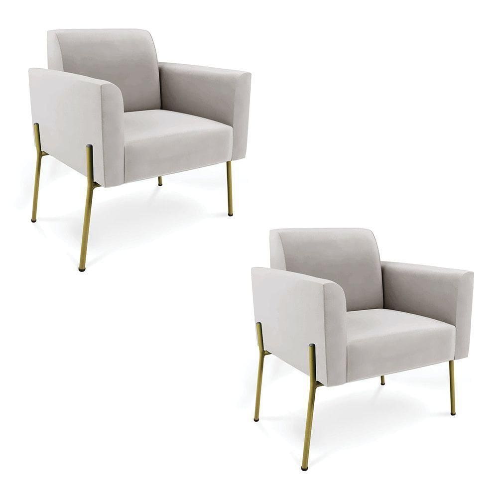 Poltrona Pé De Ferro Dourado Para Salão Kit 2 Marisa Veludo D03 Cinza