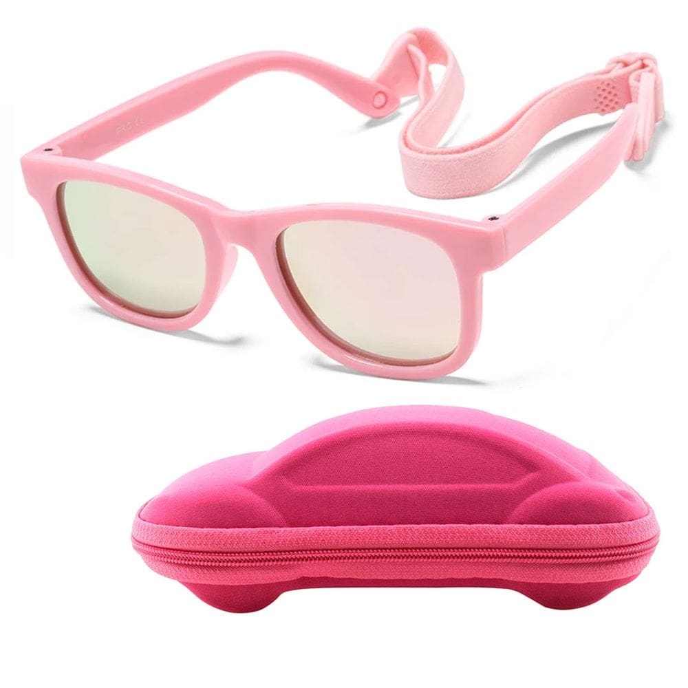 Óculos de Sol Flexível Bebê + Case Carrinho + Suporte Elástico Rosa Claro