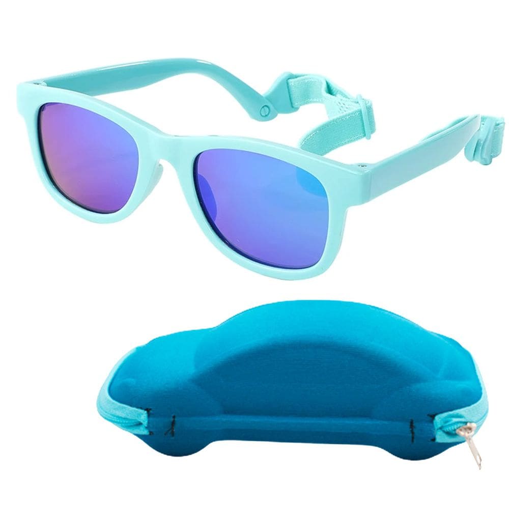 Óculos de Sol Flexível Bebê + Case Carrinho + Suporte Elástico Verde Água