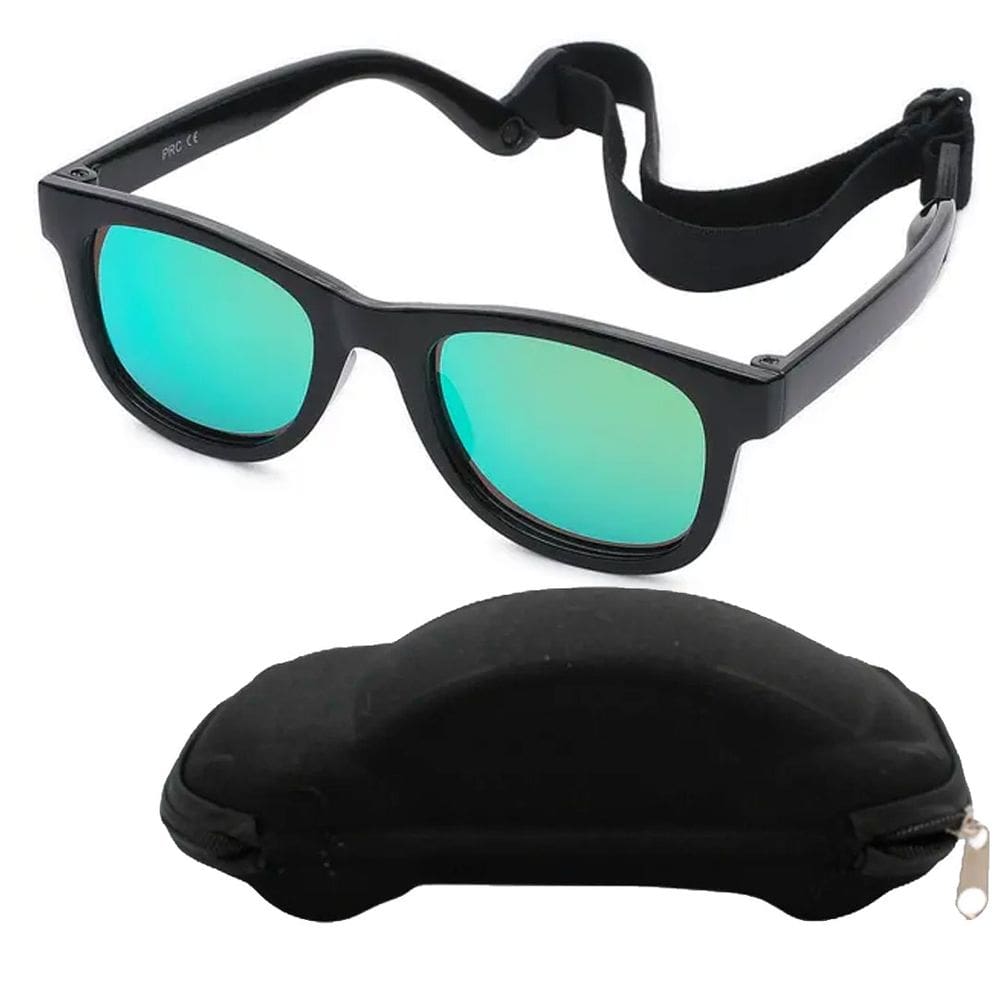 Óculos de Sol Flexível Bebê + Case Carrinho + Suporte Elástico Preto