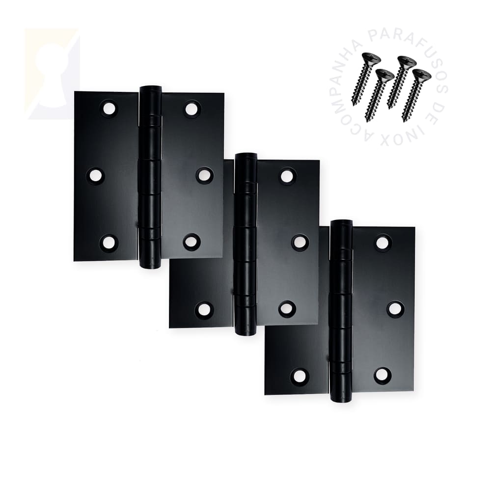 Kit 3 Dobradiças Pretas C/Reto Inox Com Rolamento 3 x 2 ½