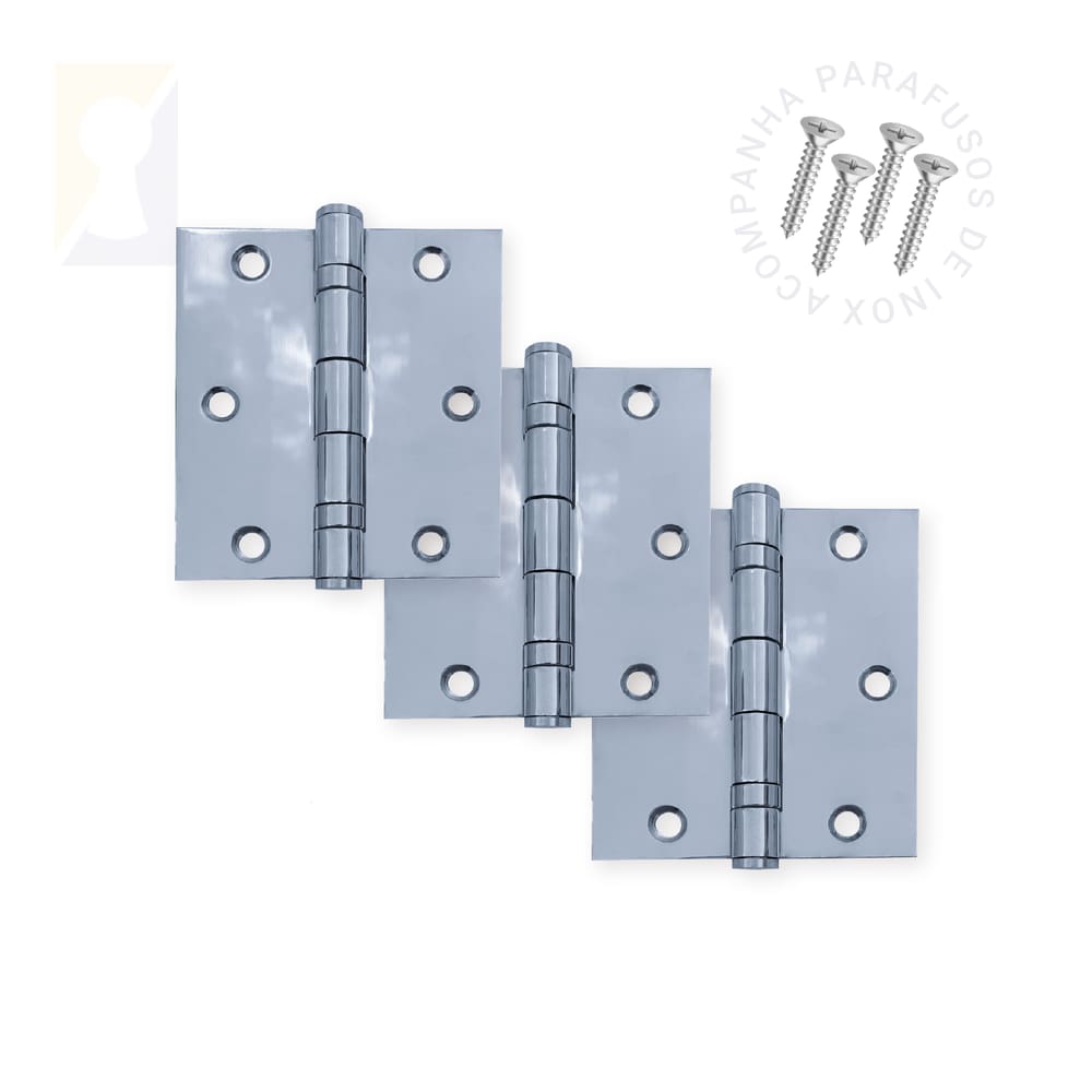 Kit 3 Dobradiças Polida C/Reto Inox Com Rolamento 3 x 2 ½