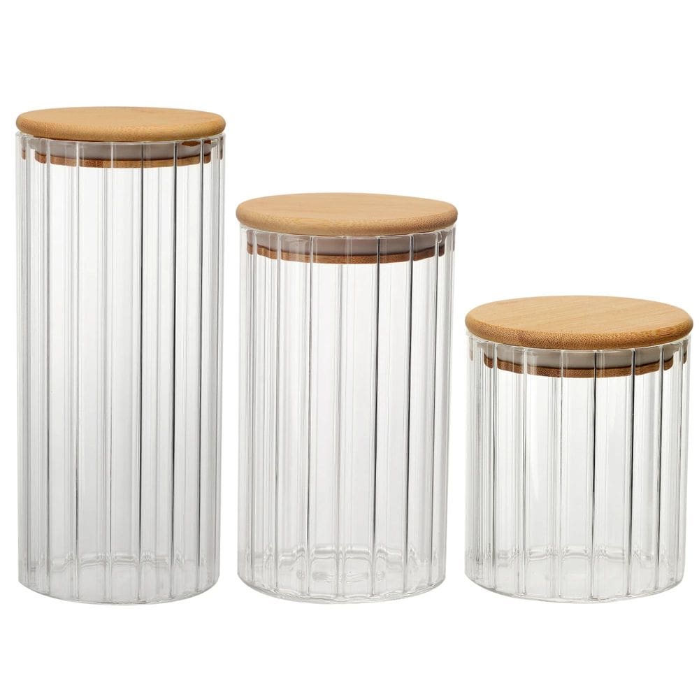 Conjunto de 3 Potes Herméticos de Vidro Borossilicato Canelado com Tampa de Bambu - Dynasty