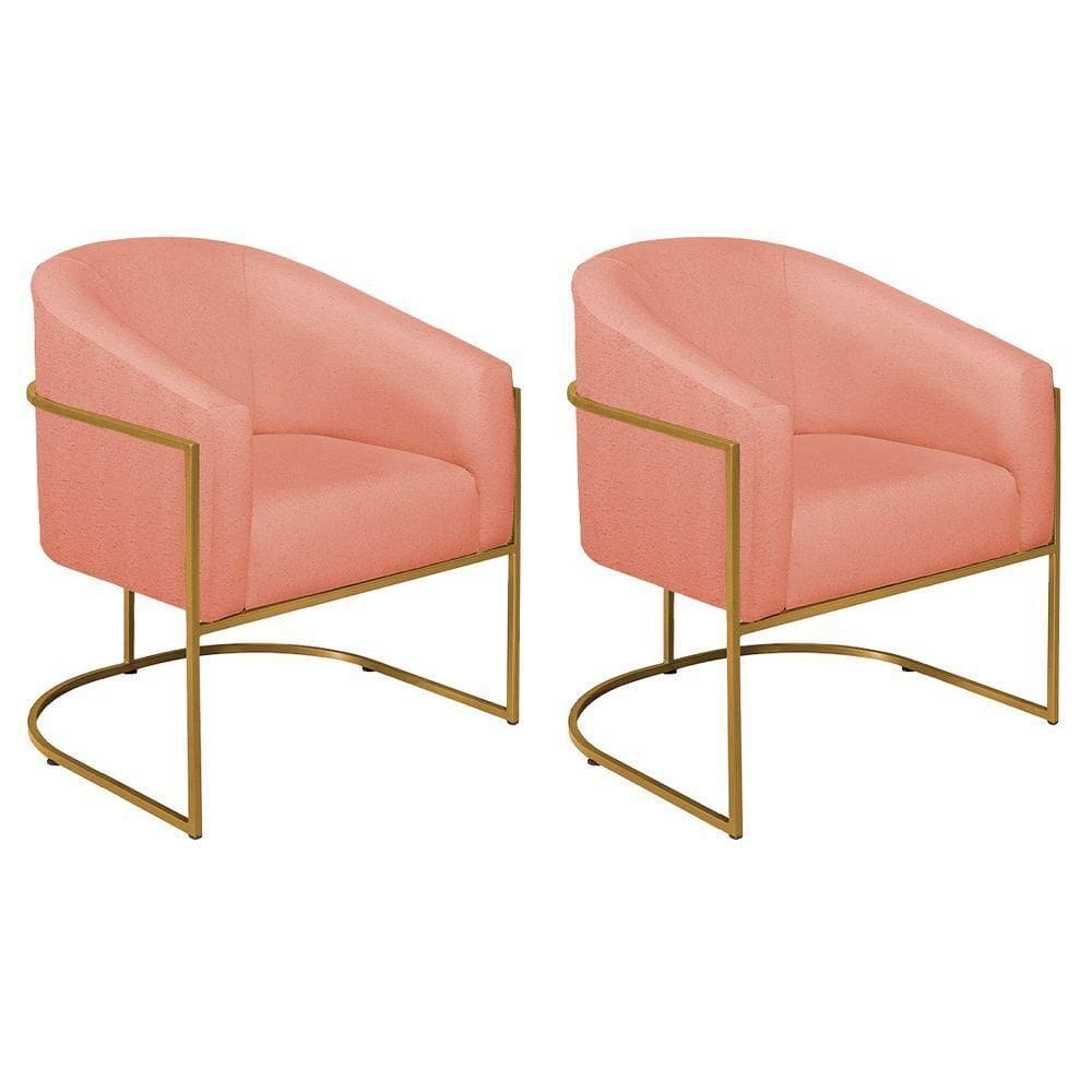 Kit 02 Poltronas Luiza Base De Ferro Dourado Suede Coral