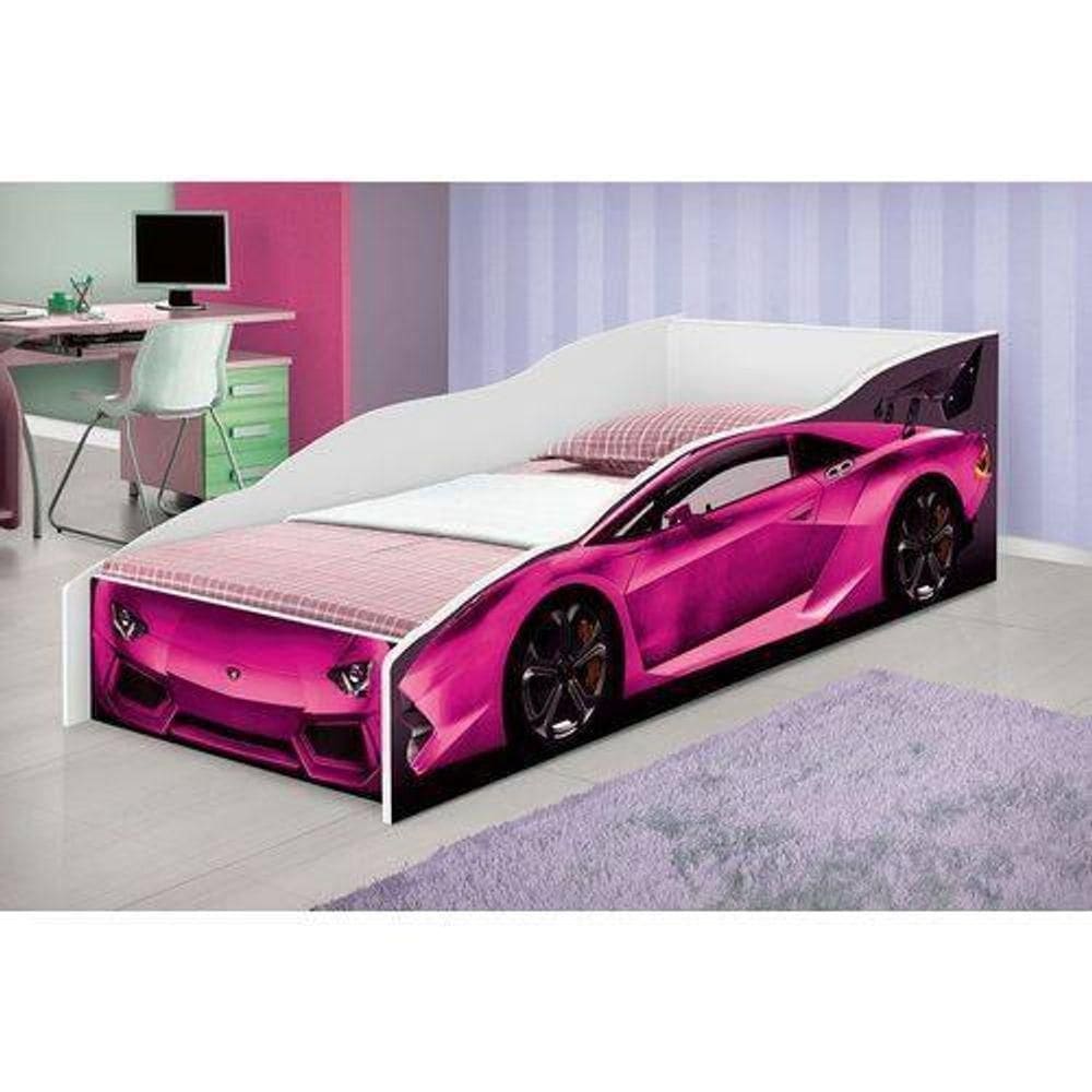 Cama Juvenil Carro Rosa Para Colchão 03 - Cambel Móveis