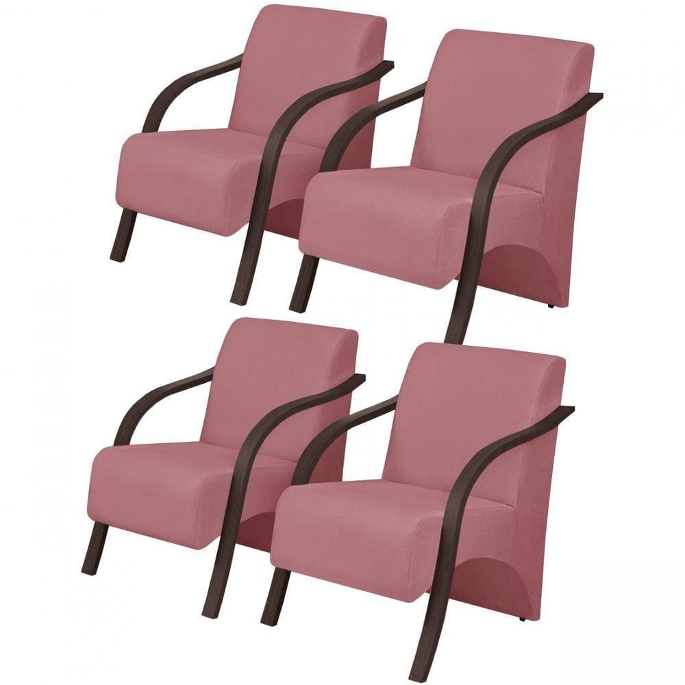 Kit 4 Poltronas Decorativas 1 Lugar Braço Pé Madeira Suede