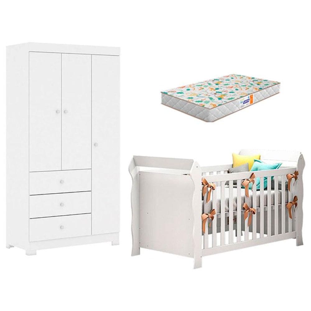 Berço Americano Lara e Guarda Roupa Duda 3 Portas Branco Brilho com Colchão Gazin - Phoenix Baby