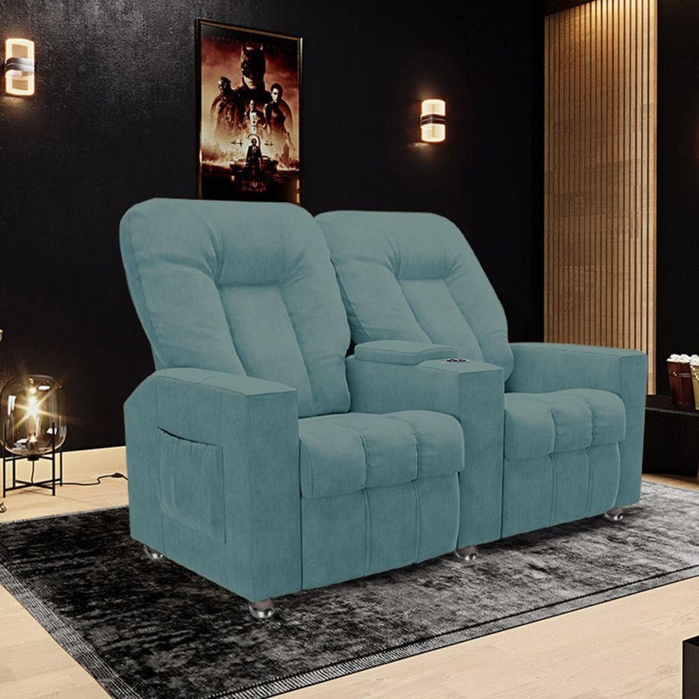 Poltrona Reclinável 2 Lugares Para Sala De Cinema Arsenal Veludo Azul Claro
