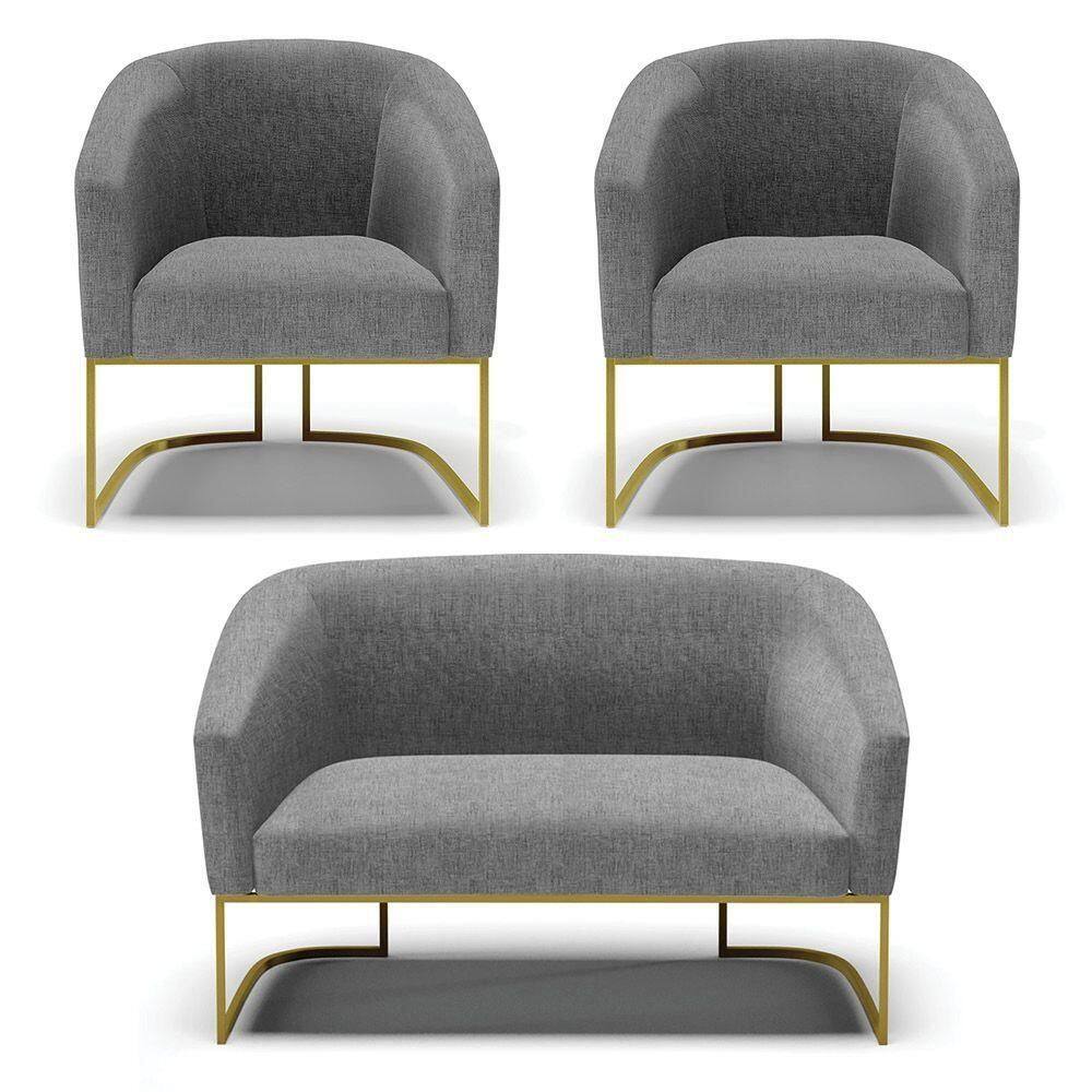 Namoradeira E 2 Poltronas Base Industrial Dourado Stella Linho Grafite A26 D03 - D`rossi