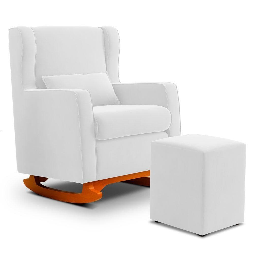 Poltrona De Amamentação E Descanso Zoe Com Base Balanço E Puff Sintético Branco - Desk Design