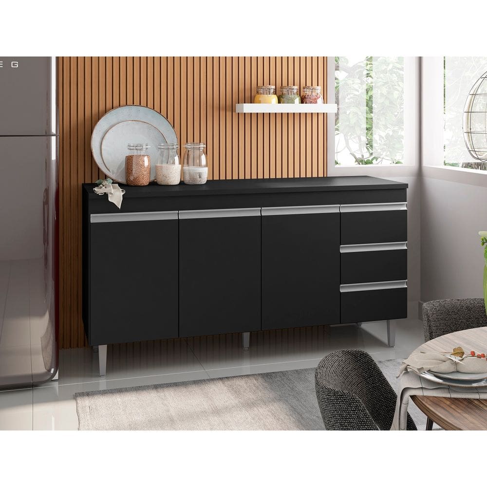 Balcão de Cozinha Andréia 160cm Preto + Tampo - AJL Móveis