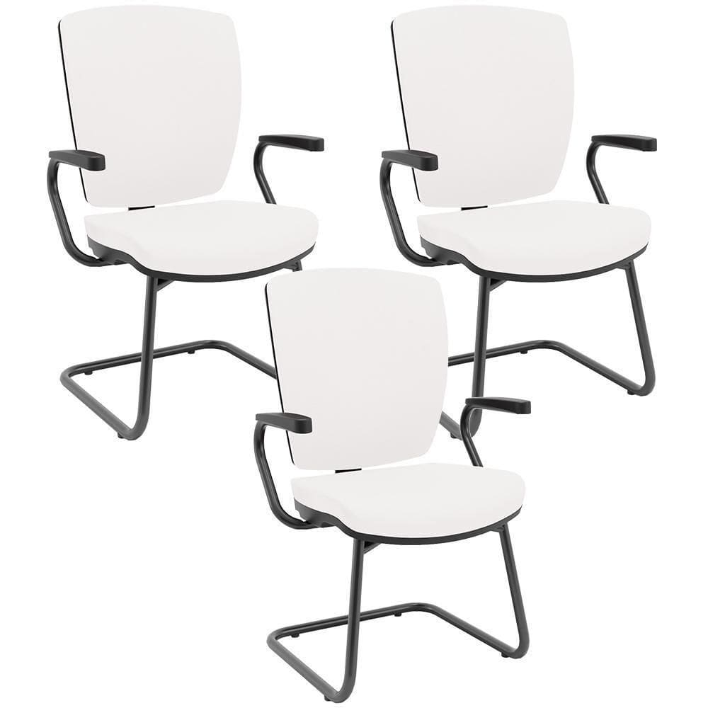 Kit 03 Cadeiras De Escritório Fixa Executiva Office Preto Slim Alta Flexi P03 Vinil Branco