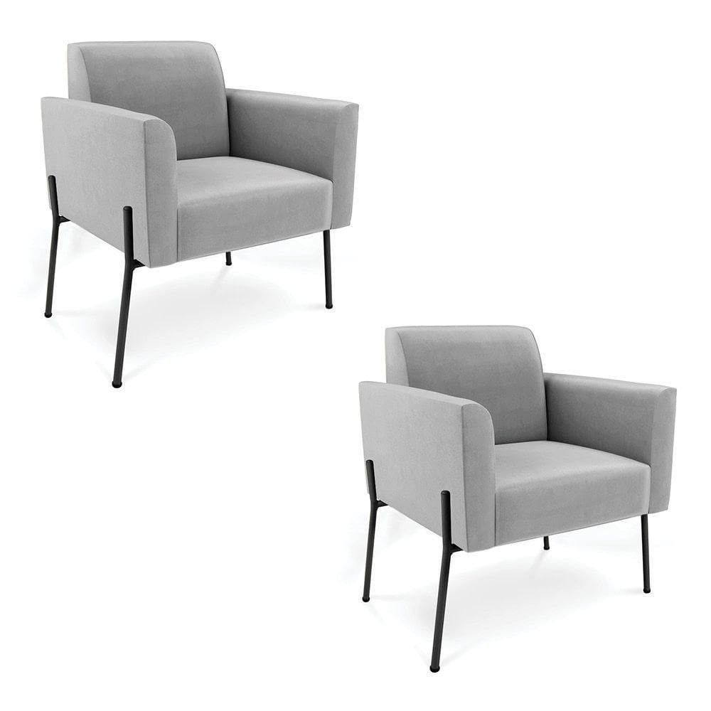 Poltrona Pé De Ferro Preto Para Sala Kit 2 Marisa Suede Cinza D03 - D`rossi