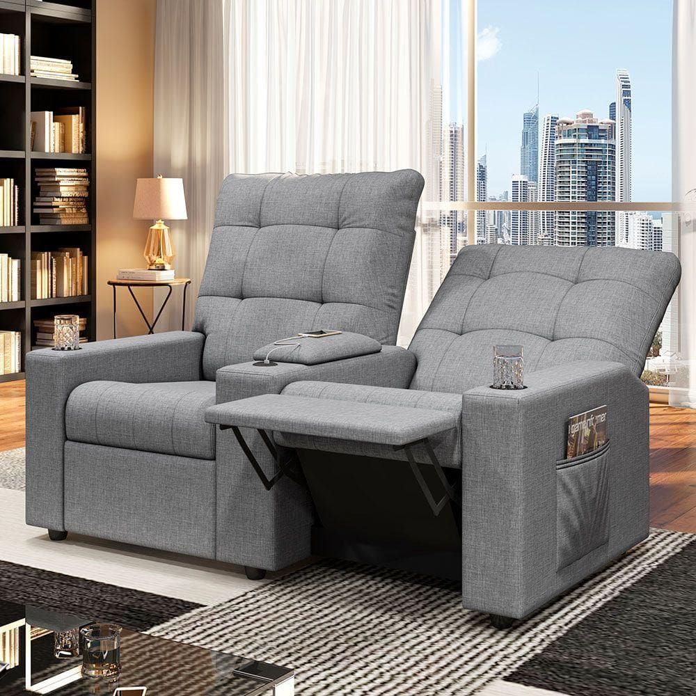 Poltrona Do Papai Reclinável Sala De Cinema 2 Lugares Manual Baú Usb Linho Cinza