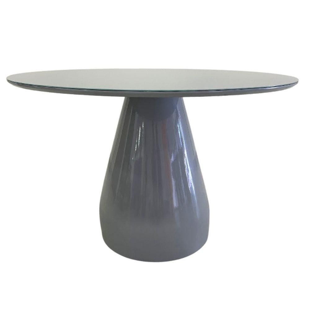 Mesa De Jantar Cone Balonê Redonda 150 Cm Tampo Laca Cinza + Vidro Base Cinza