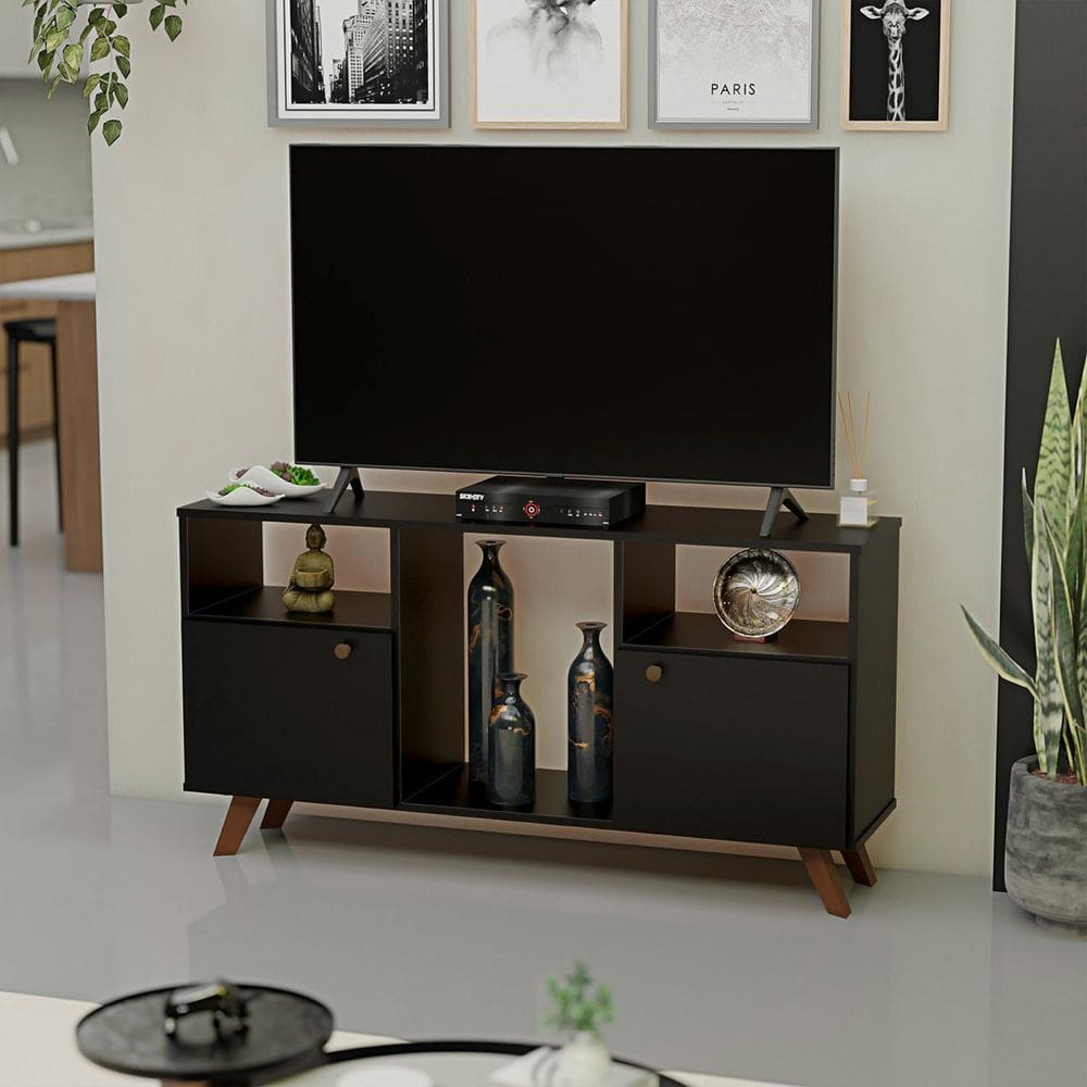 Rack para Tv até 50 Polegadas 2 Portas e Pés Retrô Preto