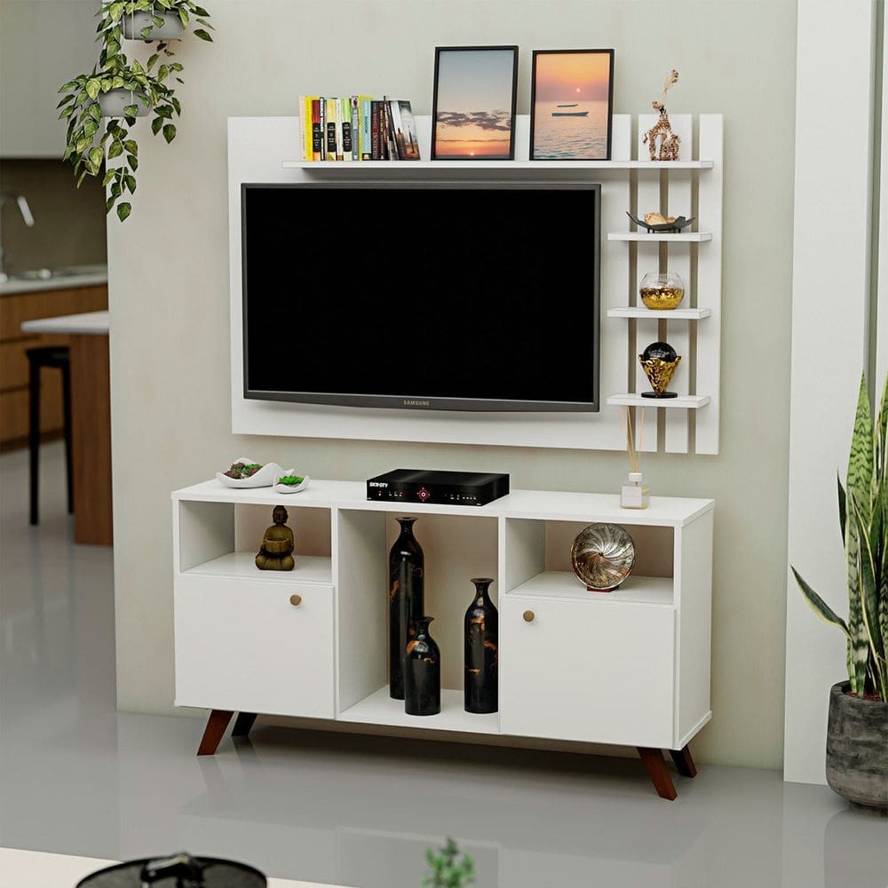 Rack com Painel para Tv até 50 Polegadas 2 Portas e Pés Retrô Branco