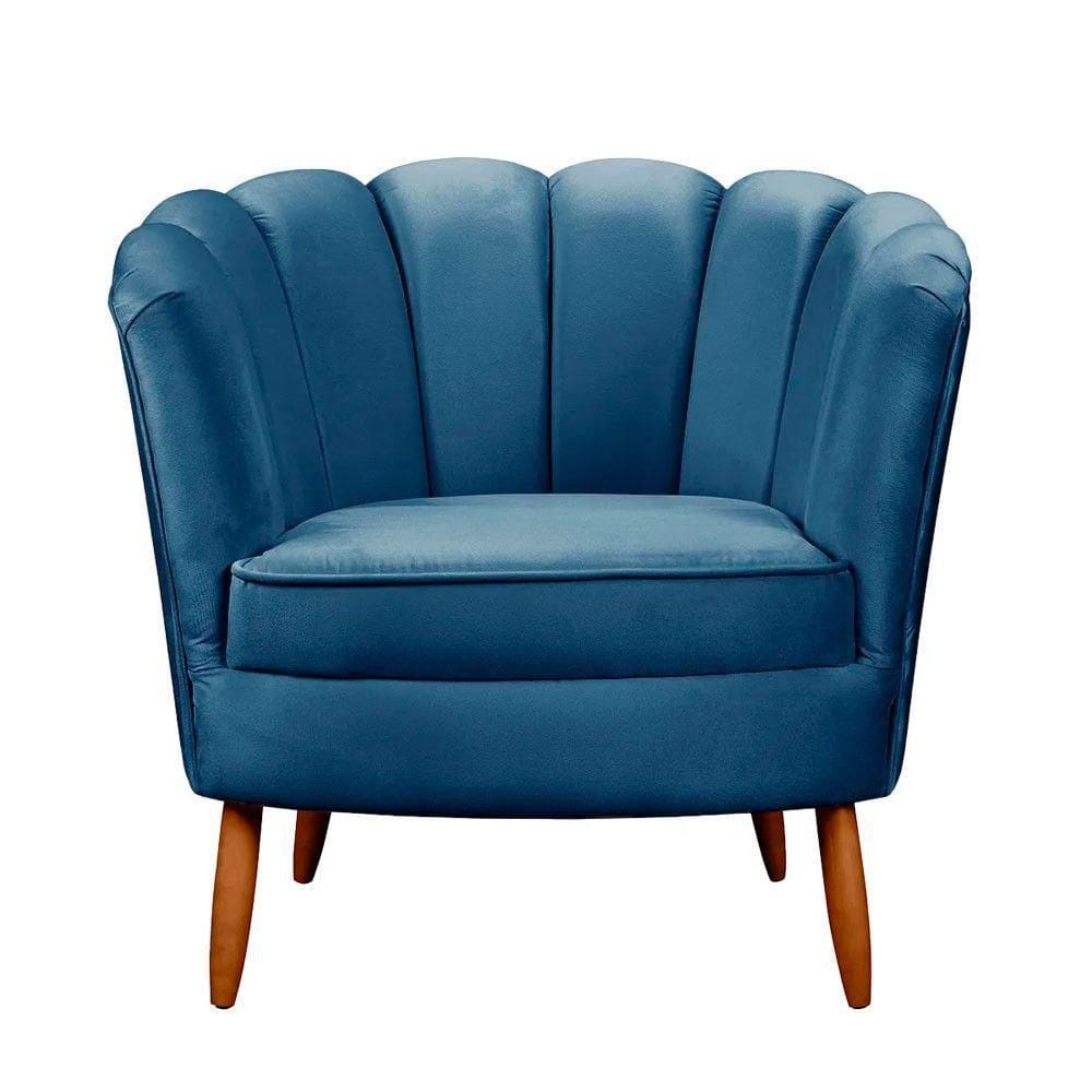 Poltrona Ariel Petala Decorativa Pés De Madeira Veludo Azul