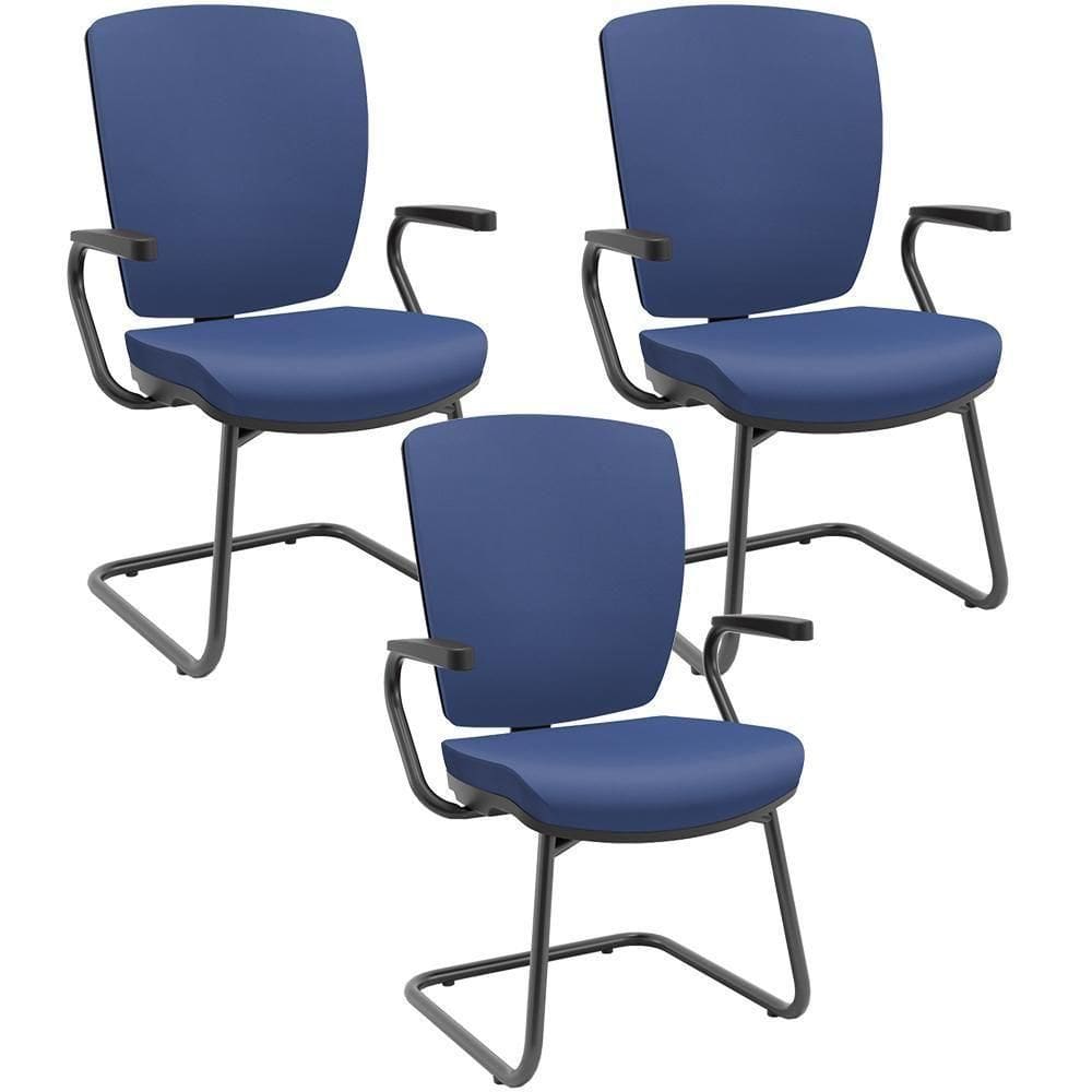 Kit 03 Cadeiras De Escritório Fixa Executiva Office Preto Slim Alta Flexi P03 Vinil Azul