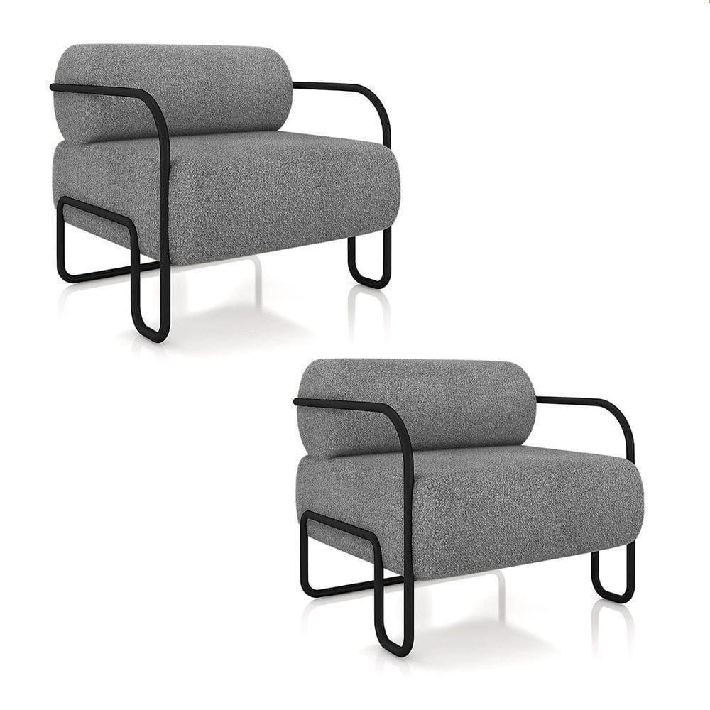 Poltrona Sala De Estar Industrial Preto Kit 2 Ameli Bouclê K01 - D`rossi Cor Cinza Claro
