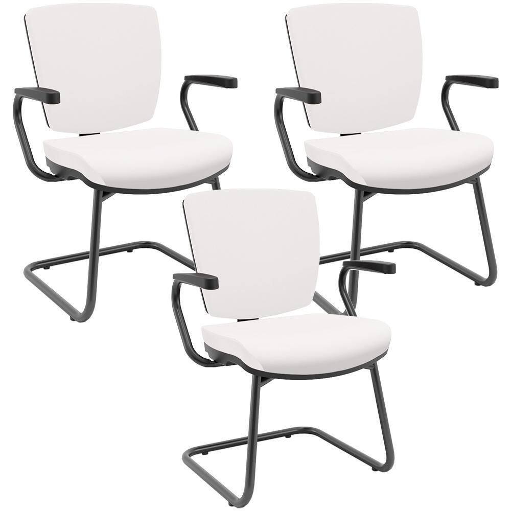 Kit 03 Cadeiras De Escritório Fixa Executiva Office Preto Slim Baixa Flexi P03 Vinil Branco