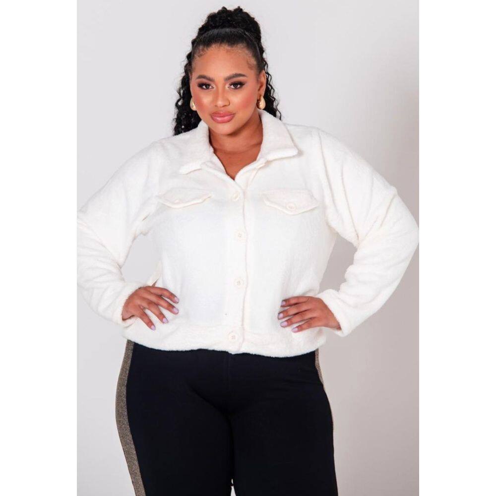 Jaqueta Feminina Plus Size Teddy Com Botões