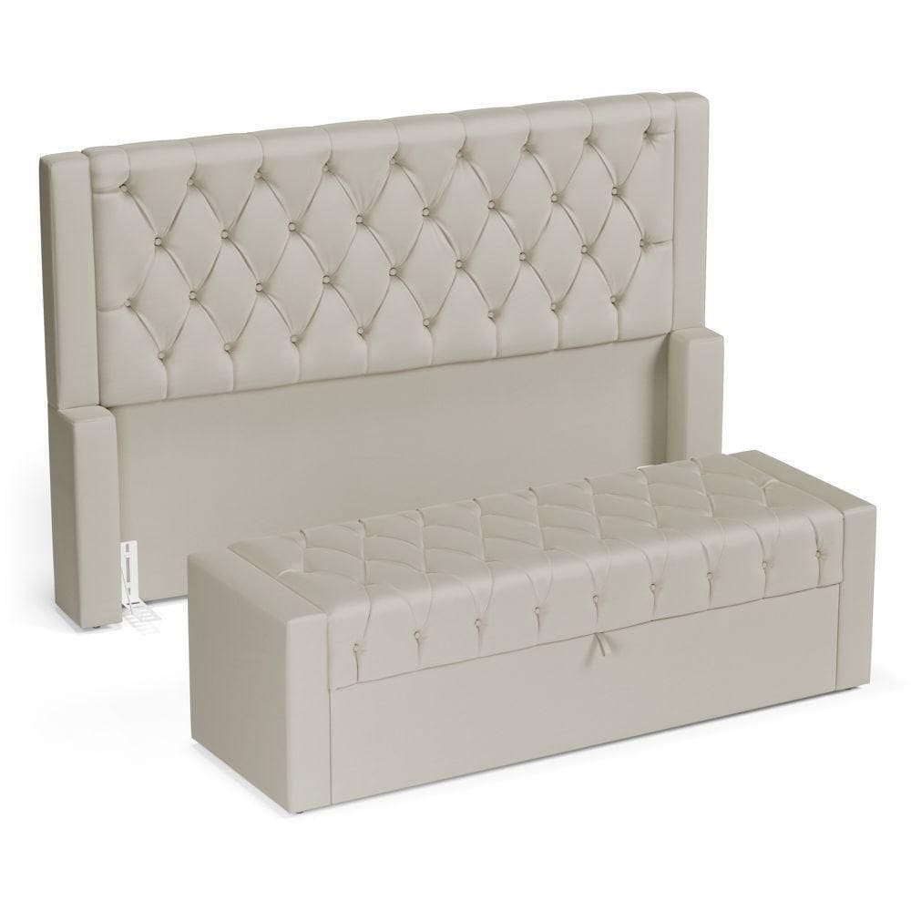Cabeceira E Calçadeira Báu Queen Size Atena 160cm Capitonê Sintético Bege - Desk Design
