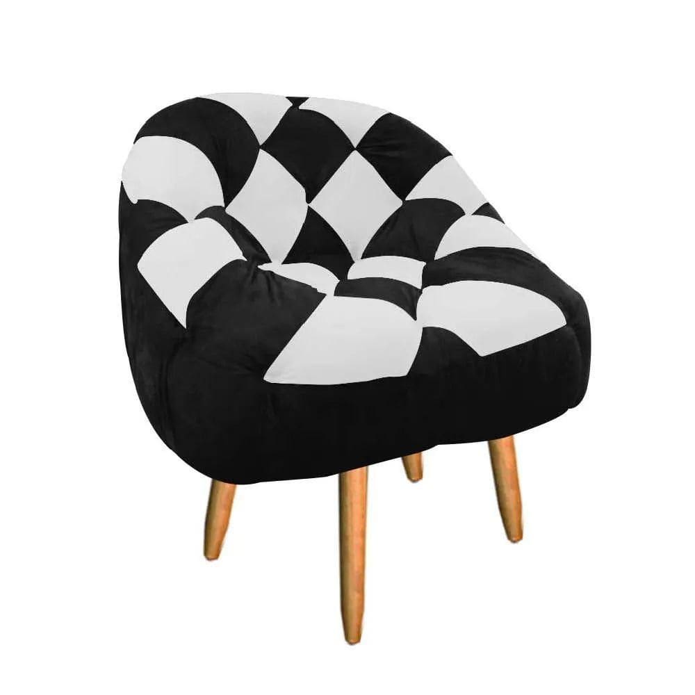 Poltrona Redonda Dama Suede Preto E Branco Pés Palito Natural - D`rossi