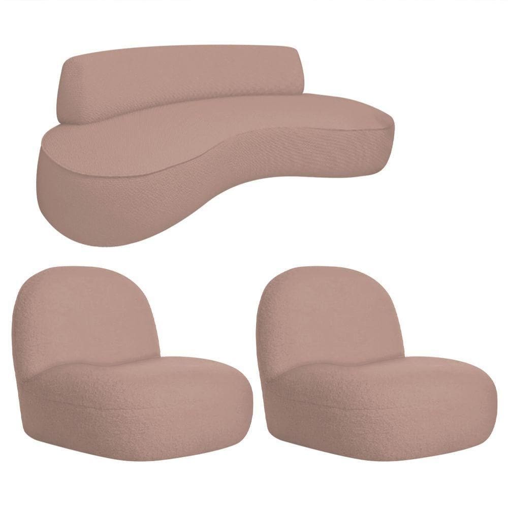 Sofá Curvo 180cm 3 Lugares E 2 Poltrona Amsterdã Linho - Adj Decor Cor Rosê
