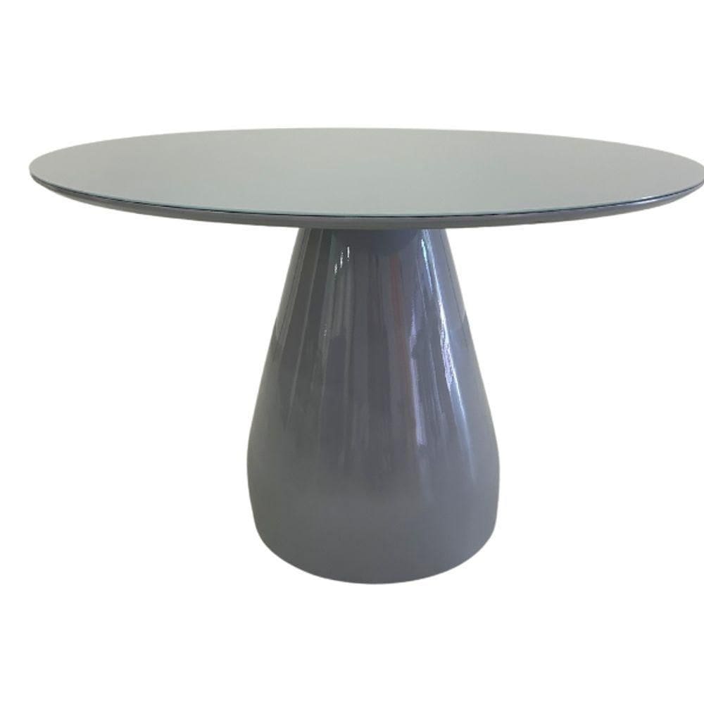 Mesa De Jantar Cone Balonê Redonda 150 Cm Tampo Laca Cinza + Vidro Base Cinza Cor Cinza