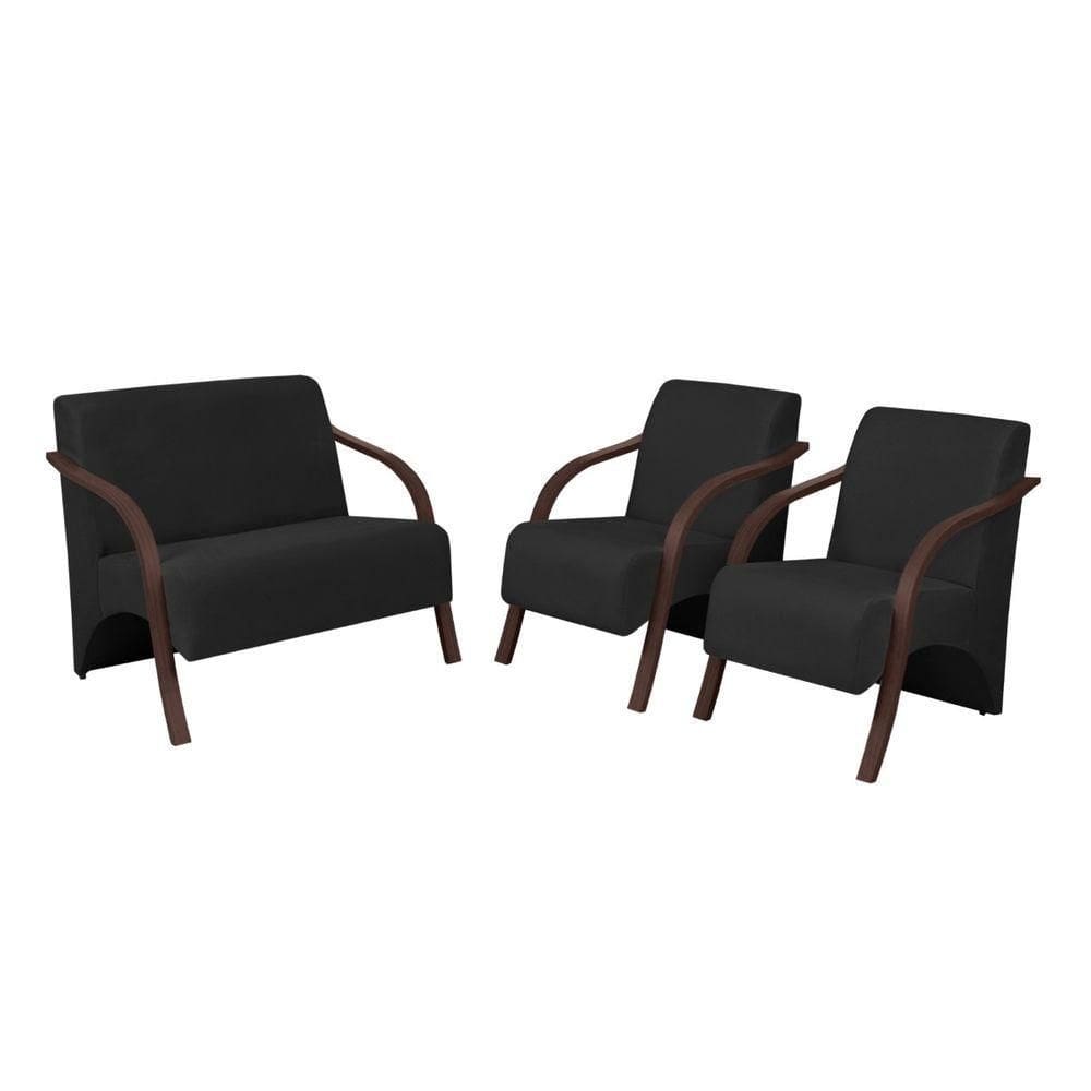 Conjunto Vênus Pé Madeira 1 Namoradeira 2 Poltronas Tecido Sintético (courino) Preto