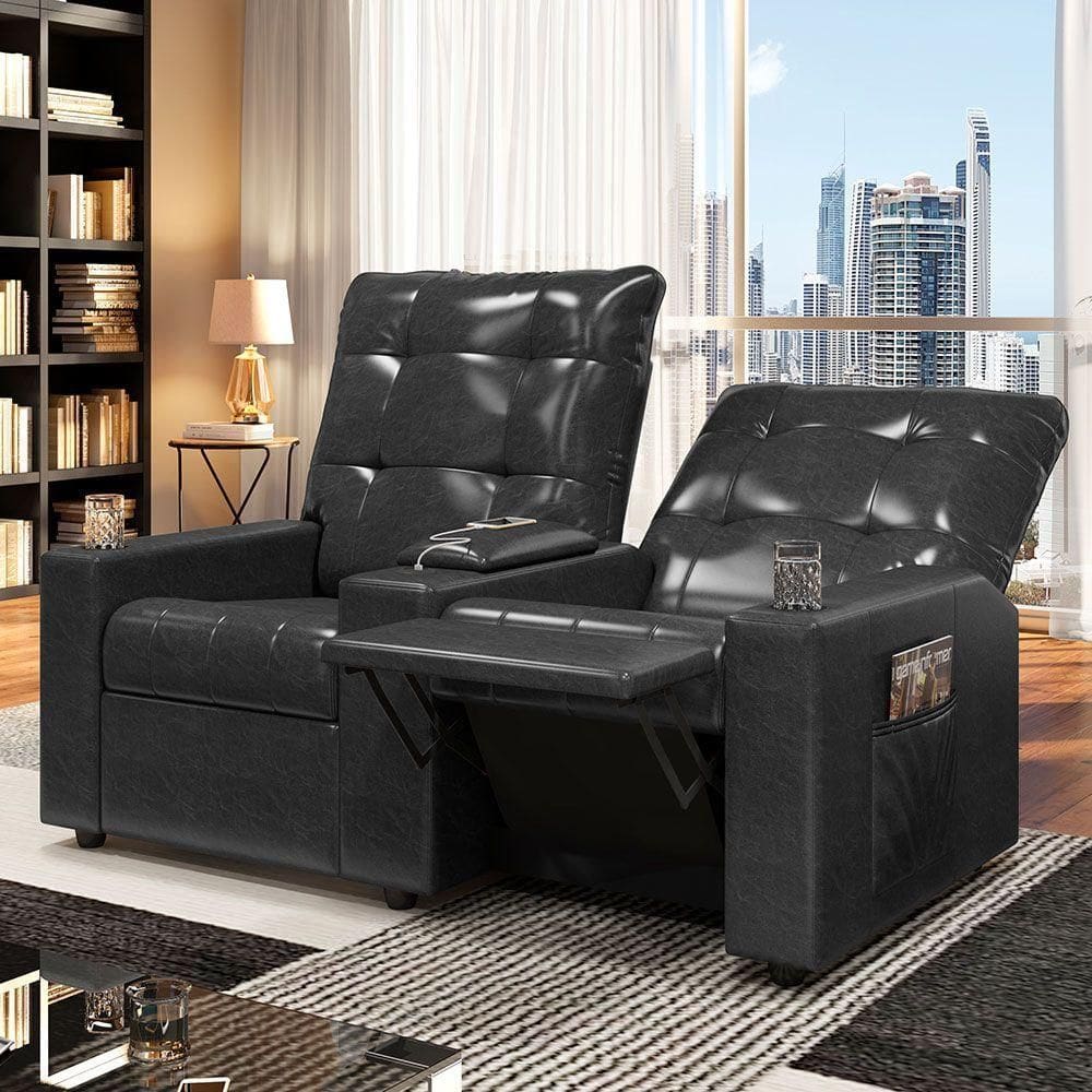 Poltrona Do Papai Reclinável Sala De Cinema 2 Lugares Manual Baú Usb Pu Preto Brilho
