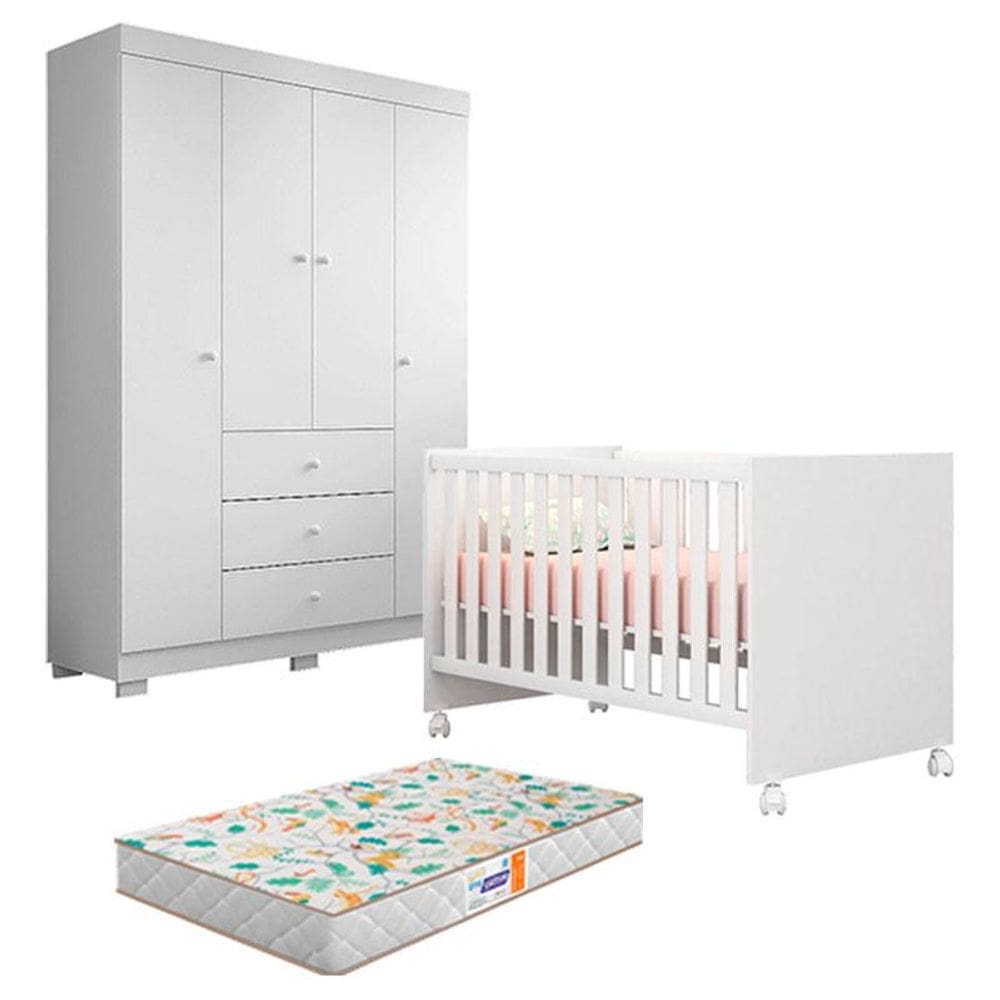 Berço Americano Mini Cama Doce Sonho 100 e Guarda Roupa Infantil Duda 4 Portas Branco Brilho com Colchão Gazin – Phoenix Baby