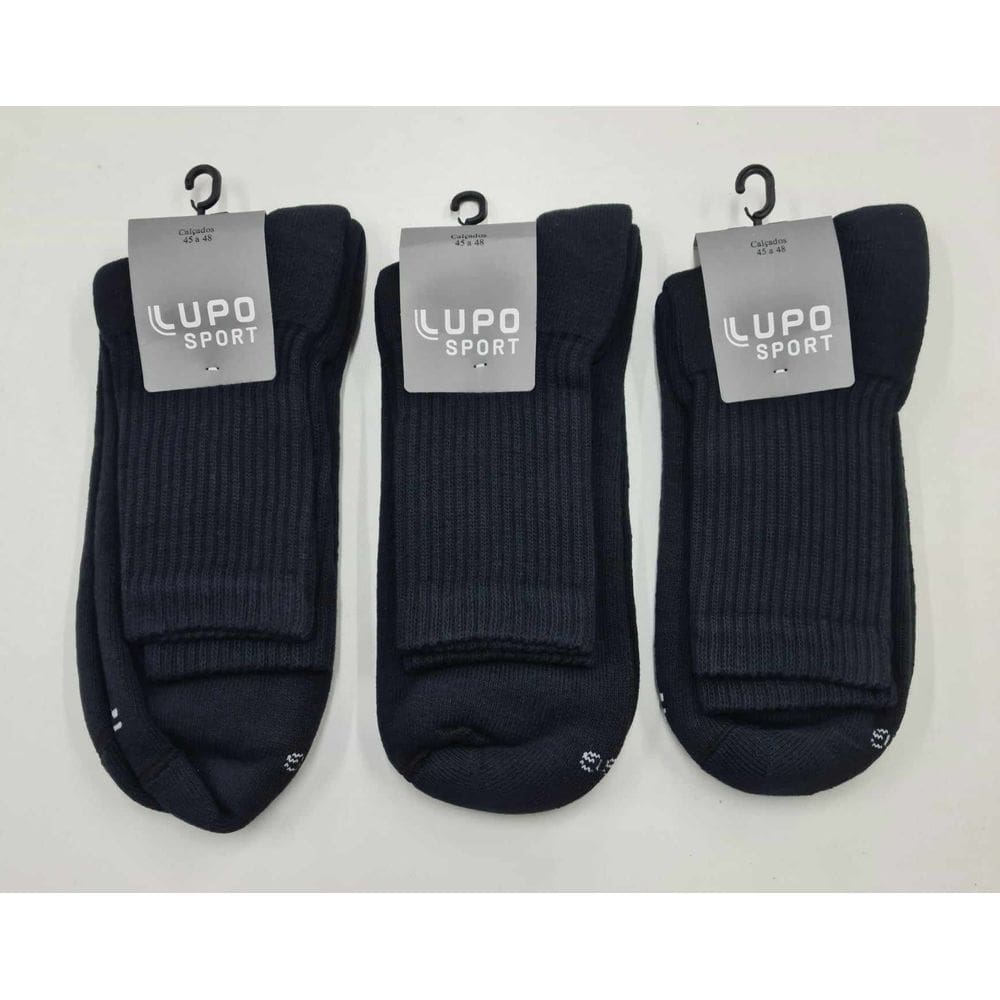 Kit 3 Pares Meia Sport Atoalhada Cano Médio Lupo 3230. Cor:Preto;Tamanho 45 a 48.