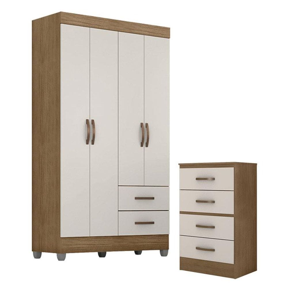 Guarda Roupa Solteiro 4 Portas e Cômoda 4 Gavetas Lite Nature Off White - Móveis Leão