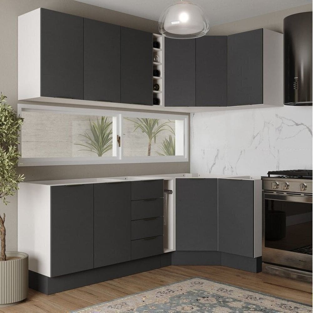Cozinha Modulada 8 Peças sem Tampo com Rodapé 4 Aéreos e 4 Balcões Ipanema Cabecasa Madeiramadeira Grafite Trama