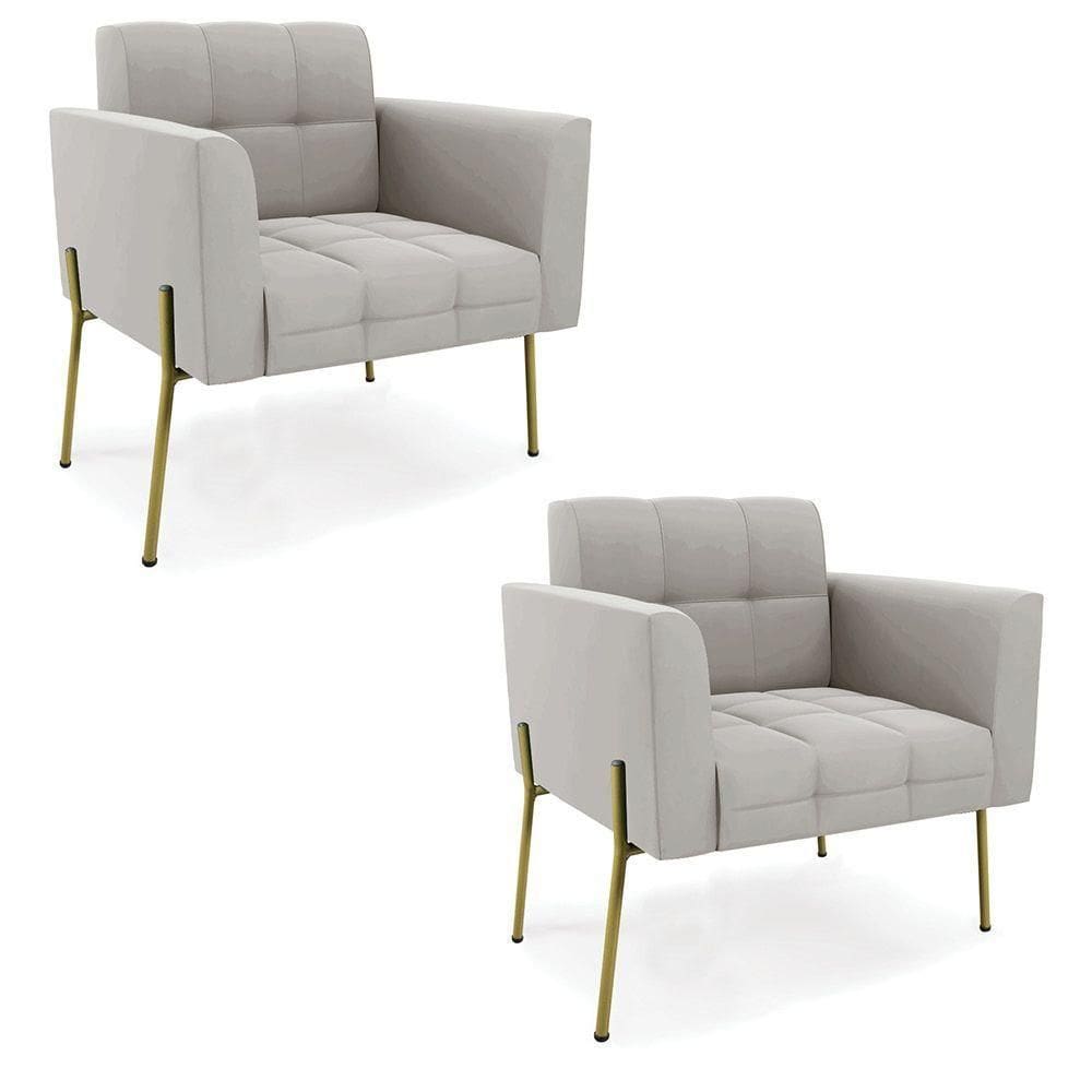 Poltrona Pé De Ferro Dourado Para Sala Kit 2 Elisa Veludo Cinza D03 - D`rossi