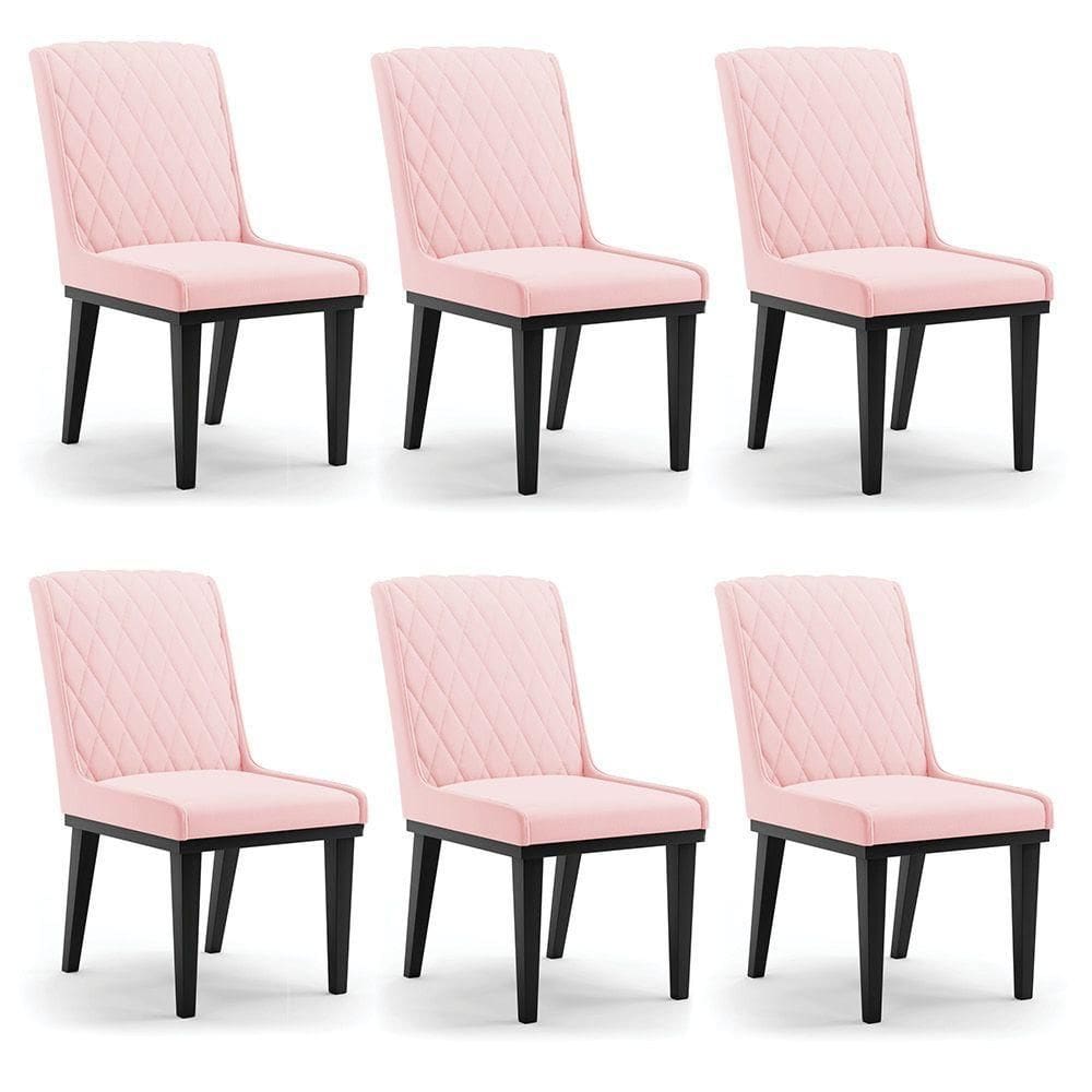 Cadeira Sala De Jantar Base Madeira Preto Kit 6 Sofia Suede Rosa Bebê D03 - D`rossi