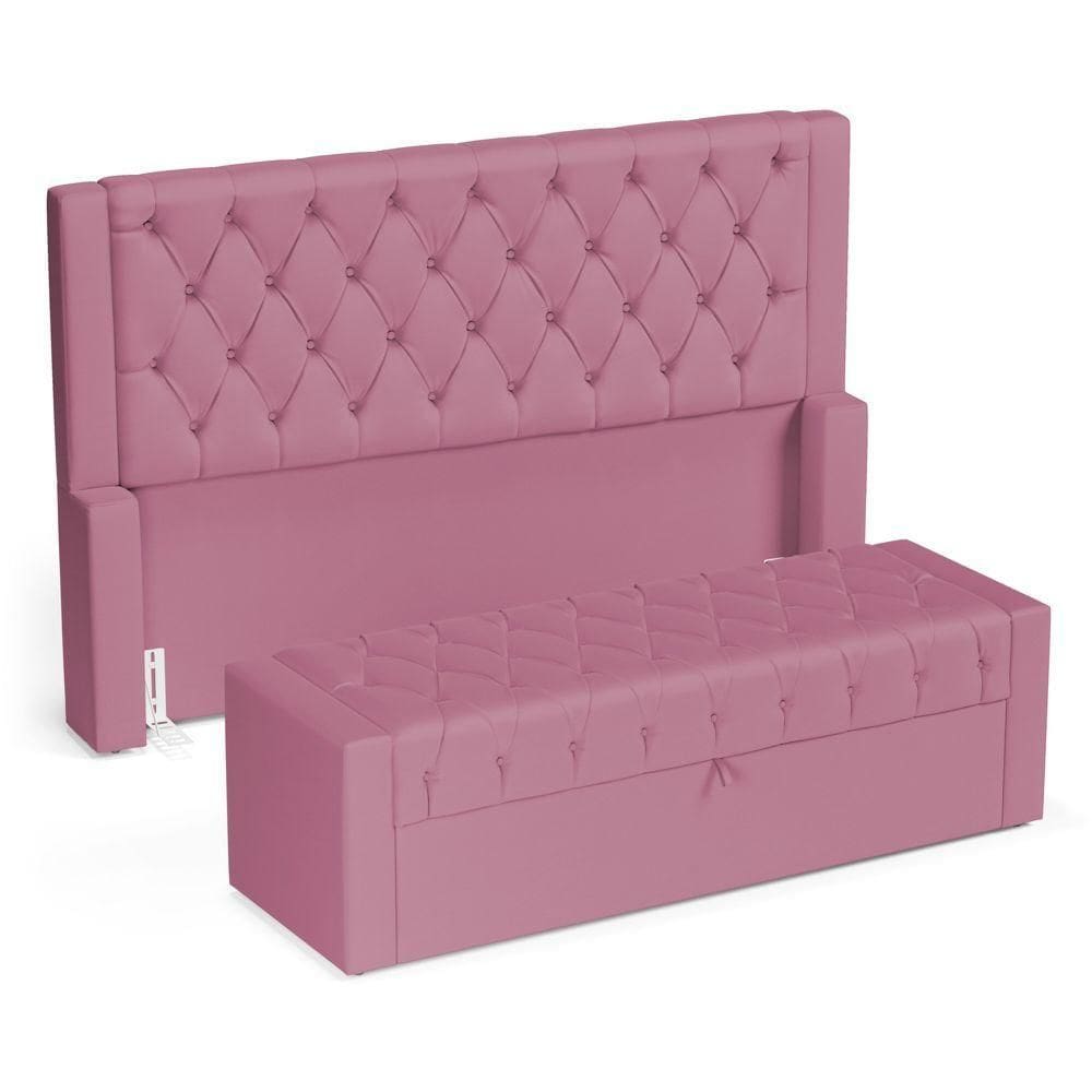 Cabeceira E Calçadeira Báu Casal Padrão Atena 140cm Capitonê Suede Rosa - Desk Design